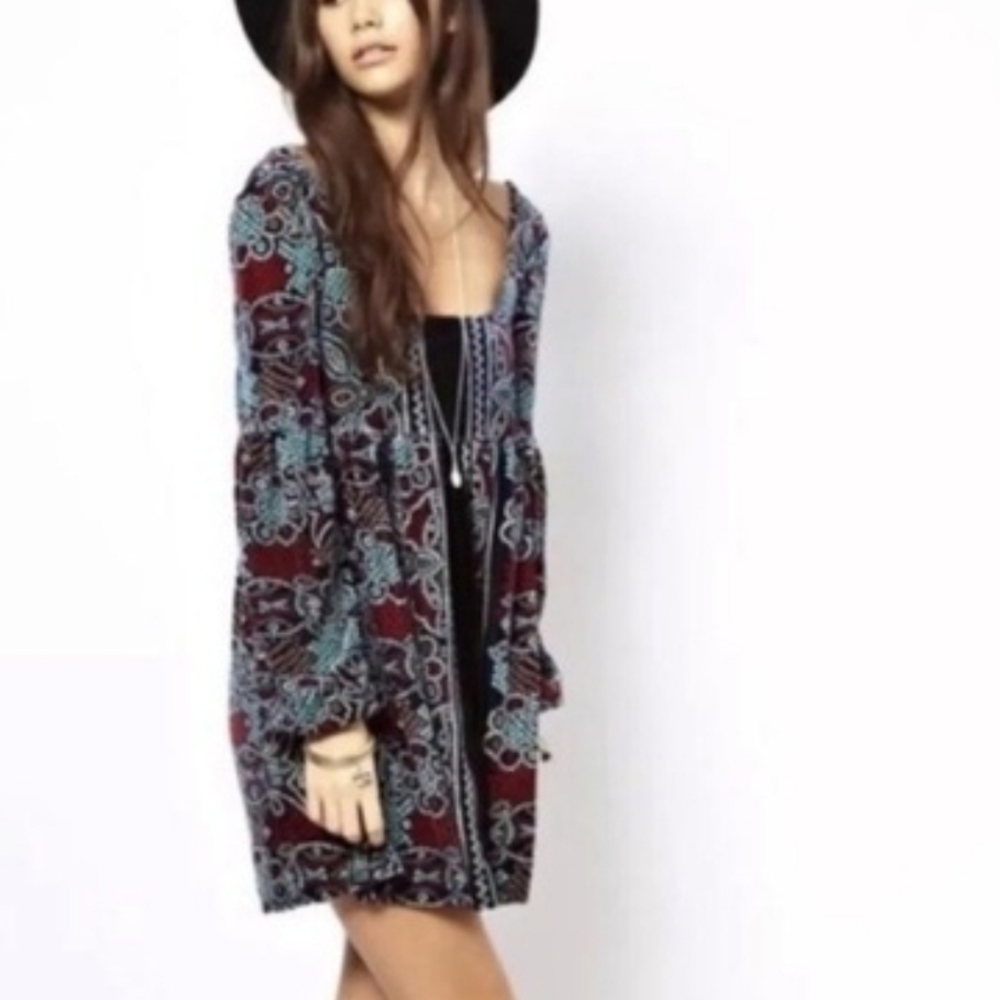 FREE PEOPLE OH SO EASY VELVET BABYDOLL DRESS IN BLUE COMBO Womens Size Small - Picture 4 of 13